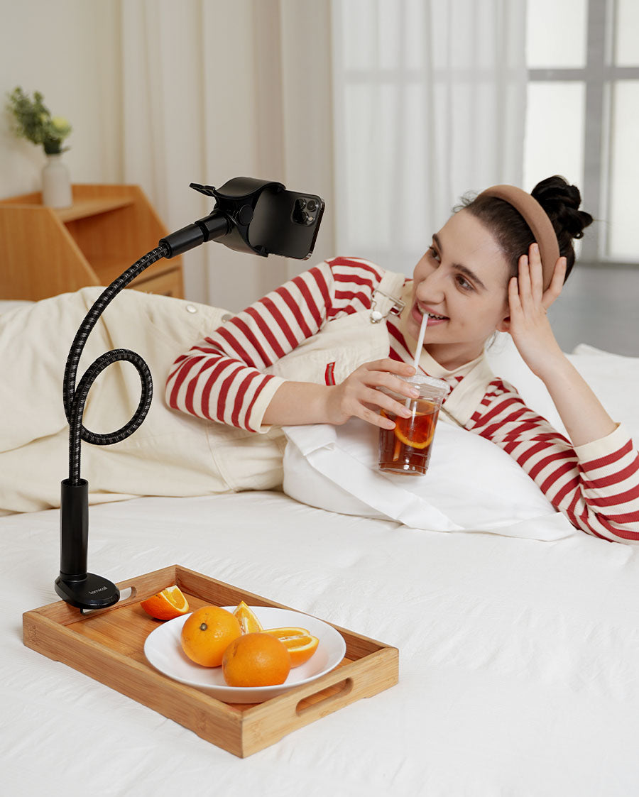 Gooseneck Phone Holder Bed - [Newest Nylon Braided] Flexible Arm, Overall Length 38inch, 360 Adjustable Clamp Clip 的副本