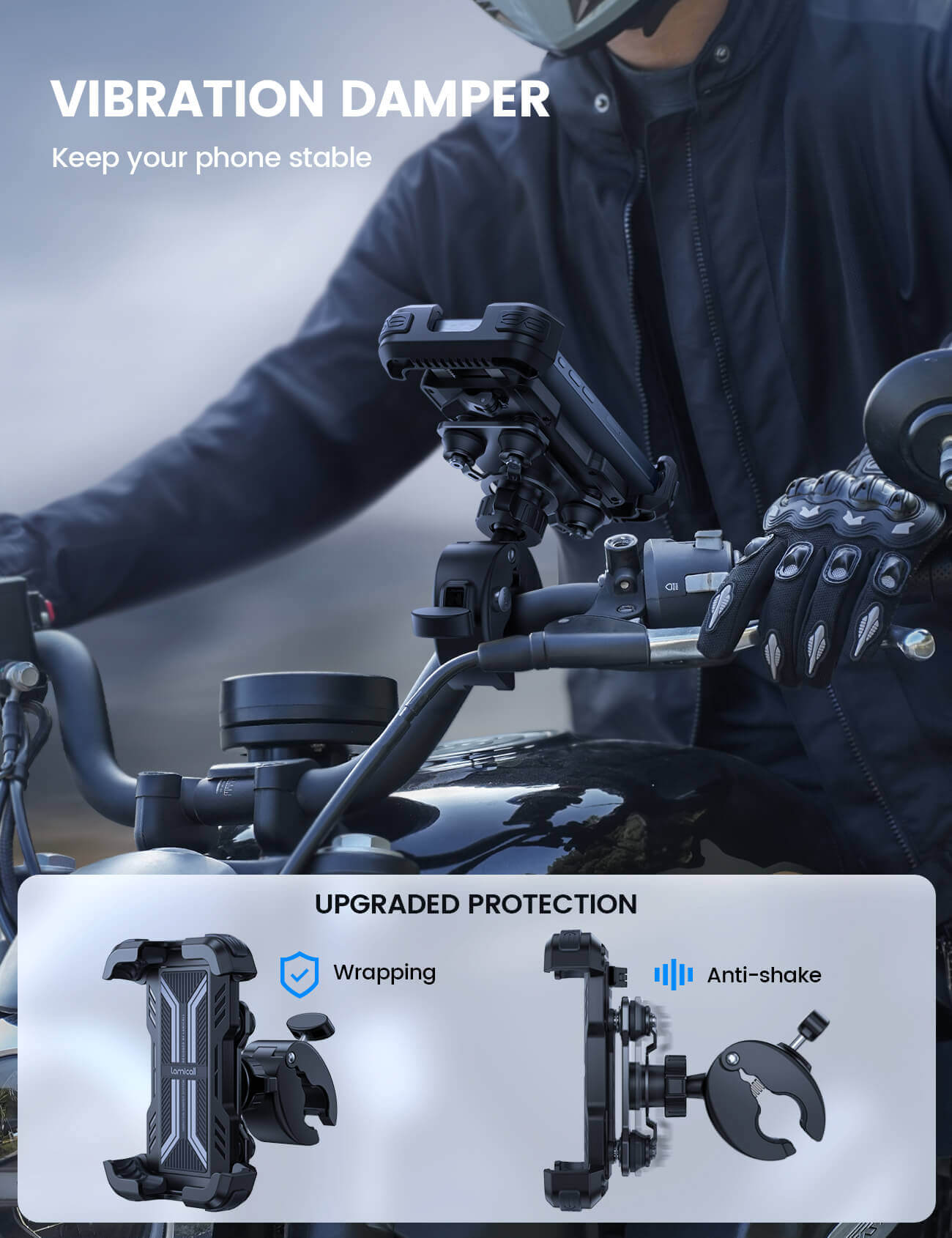 Lamicall Motorcycle Phone Mount - Dual Vibration Dampener & Anti Shake Lamicall Motorcycle Phone Mount - Dual Vibration Dampener & Anti Shake