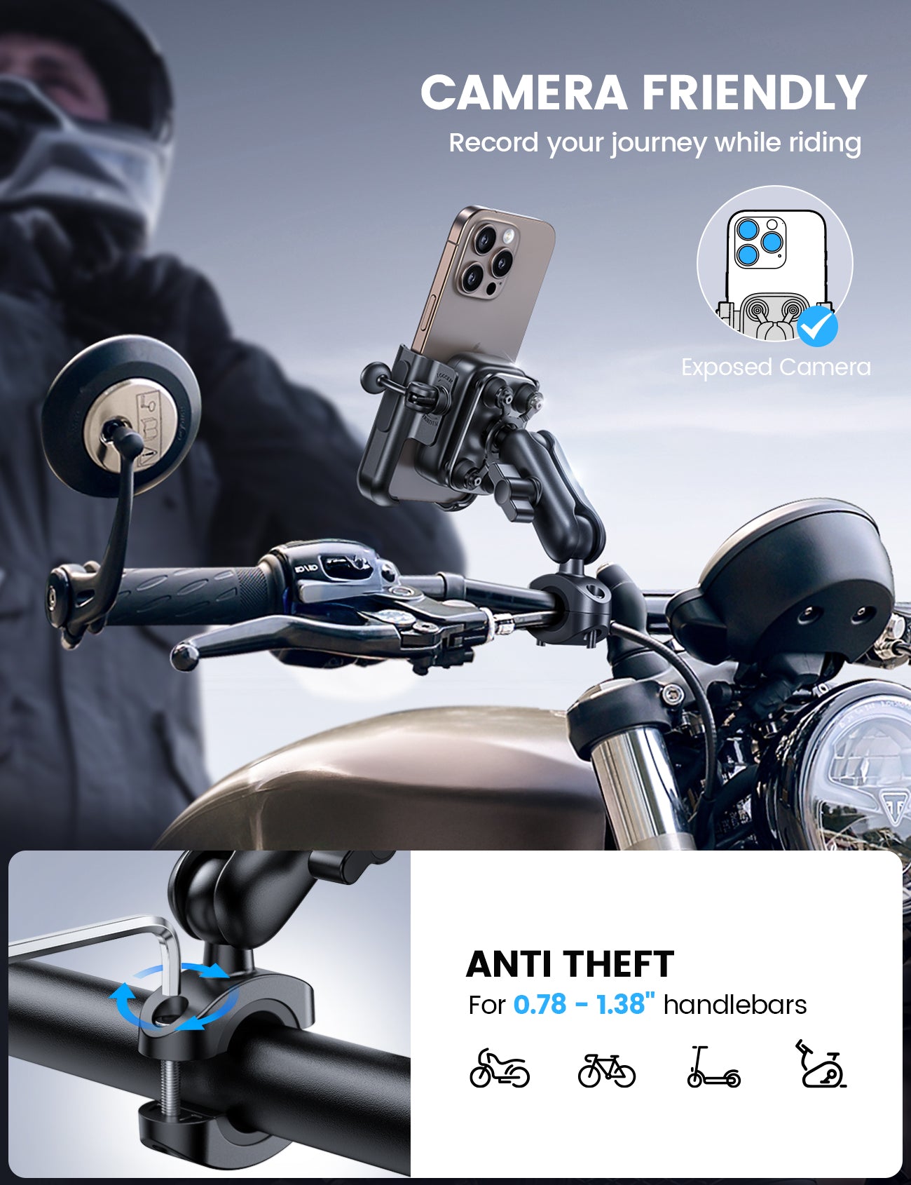 Lamicall All Metal Motorcycle Phone Mount - [Anti Shake] [Extendable Arm] Bike Phone Holder Handlebar Clamp, Bicycle Cell Phone Mount, for iPhone 16 Pro Max, 15 14, Galaxy S23-S24-S25-S26 Ultra, 4.7-7.2" Phones