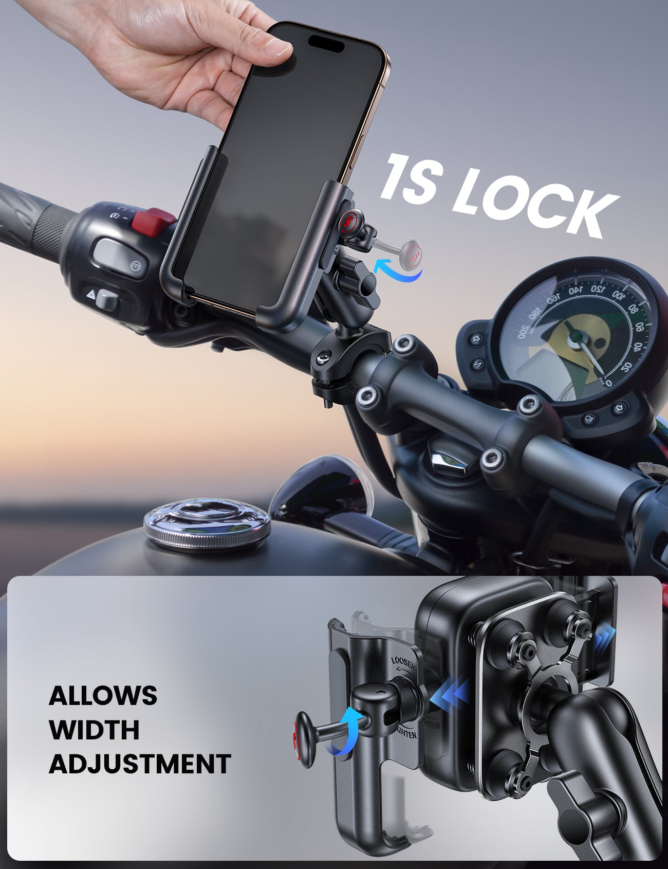 Lamicall All Metal Motorcycle Phone Mount - [Anti Shake] [Extendable Arm] Bike Phone Holder Handlebar Clamp, Bicycle Cell Phone Mount, for iPhone 16 Pro Max, 15 14, Galaxy S23-S24-S25-S26 Ultra, 4.7-7.2" Phones