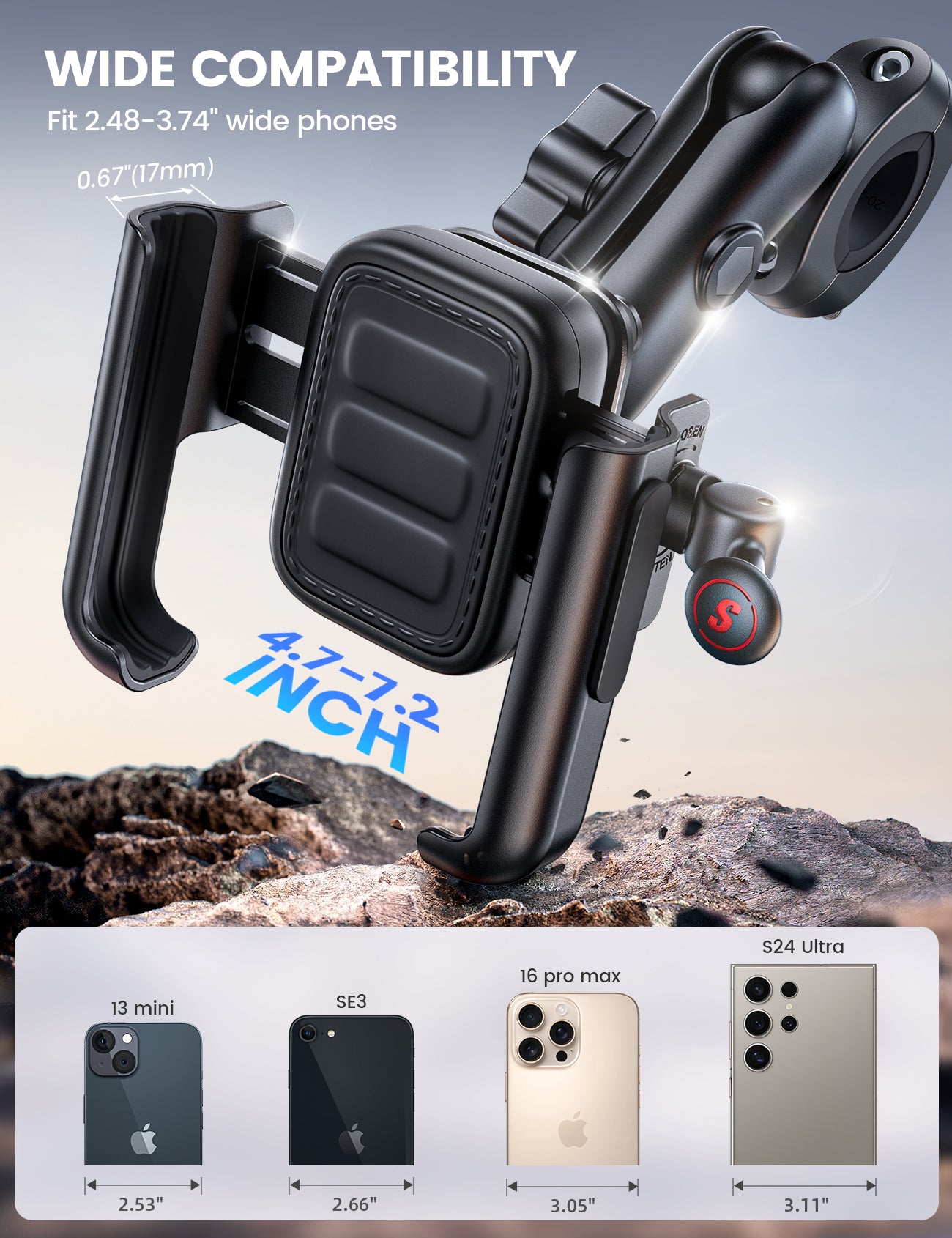 Lamicall All Metal Motorcycle Phone Mount - [Anti Shake] [Extendable Arm] Bike Phone Holder Handlebar Clamp, Bicycle Cell Phone Mount, for iPhone 16 Pro Max, 15 14, Galaxy S23-S24-S25-S26 Ultra, 4.7-7.2" Phones