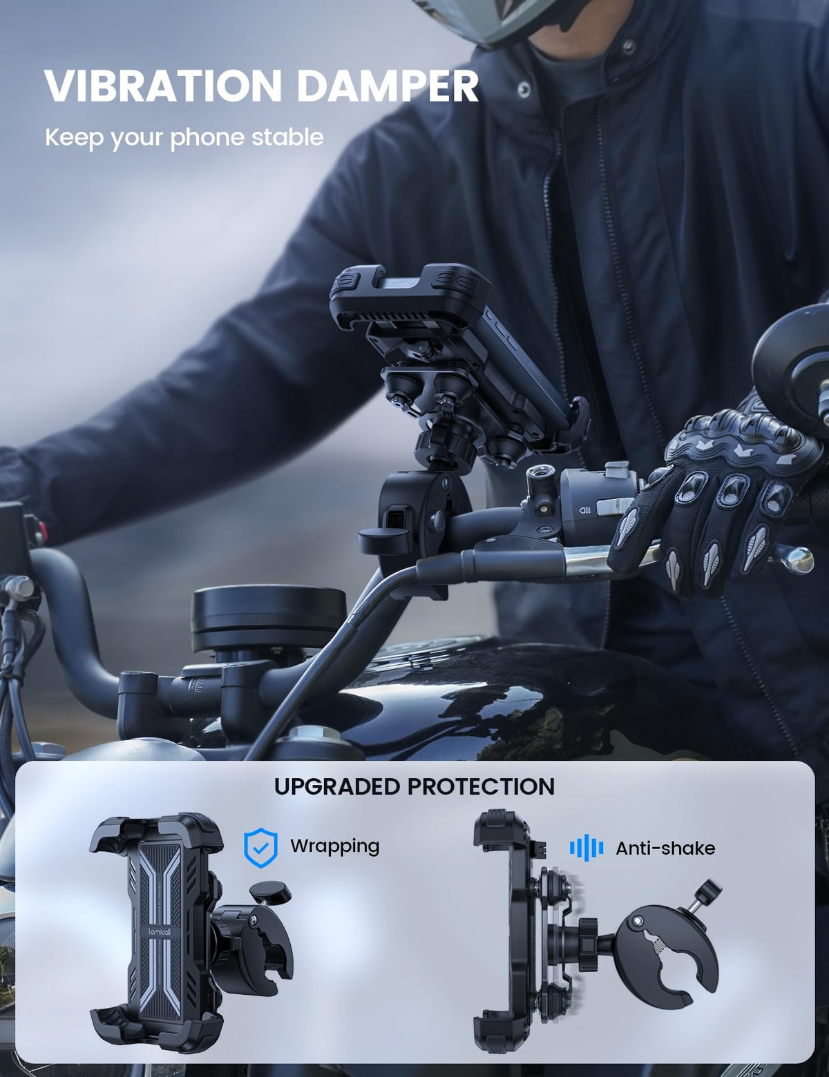 Lamicall Motorcycle Phone Mount - Dual Vibration Dampener & Anti Shake Motorcycle Cell Phone Holder for 4.7-6.7'' iPhone Andorid and More