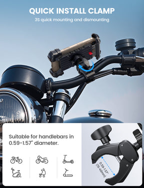 Bike Phone Holder, Handlebar Clam for Motorcycle, E-bike, Scooter, One Hand Operation Bicycle Mount for iPhone Air 17-16-15-14-13 Pro Max Plus, S20-21-22-23-24-25, Google phone Android device 4.7"- 6.75" Cell Phones