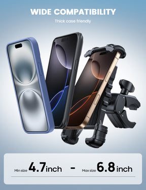 Bike Phone Holder, Handlebar Clam for Motorcycle, E-bike, Scooter, One Hand Operation Bicycle Mount for iPhone Air 17-16-15-14-13 Pro Max Plus, S20-21-22-23-24-25, Google phone Android device 4.7"- 6.75" Cell Phones