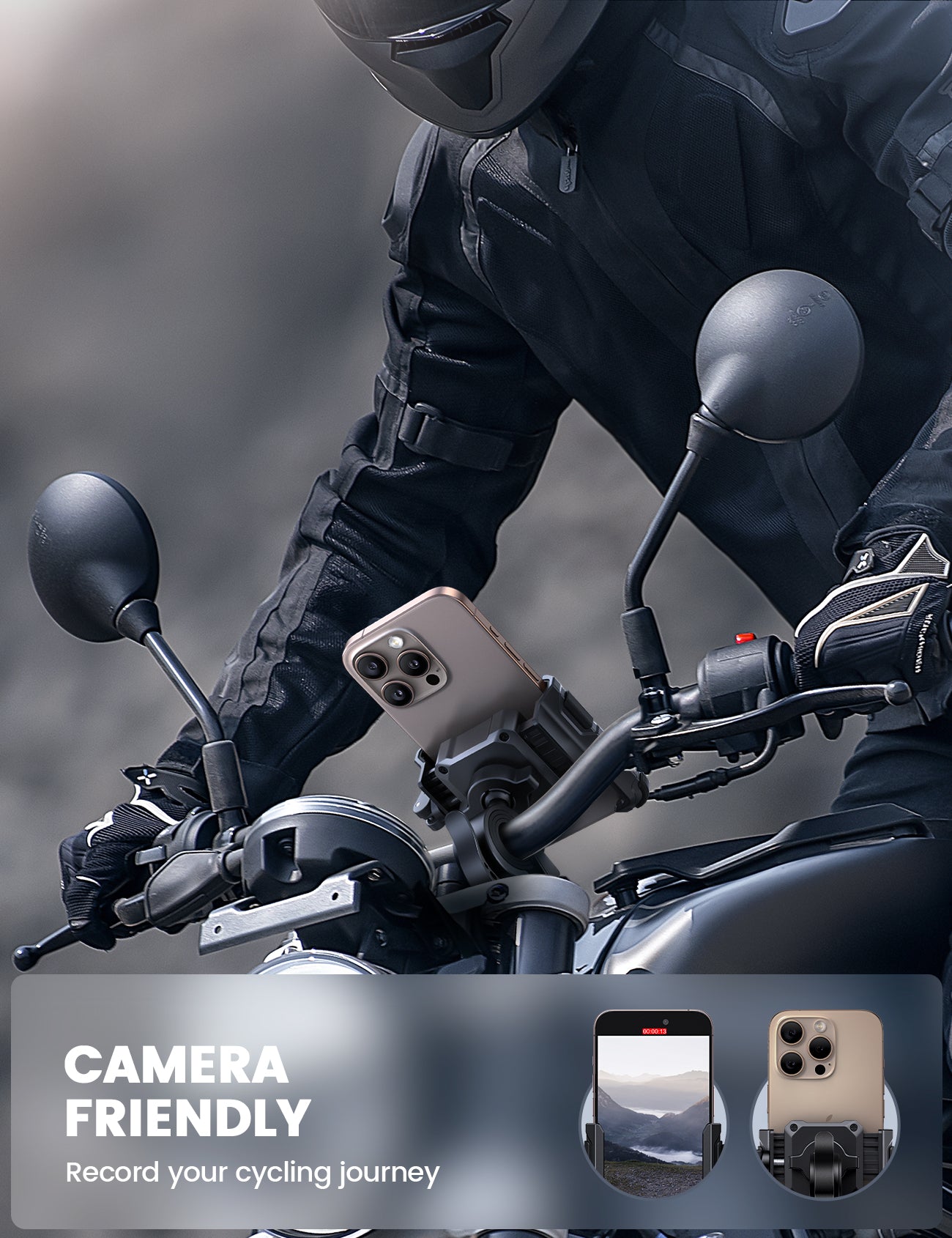 Bike Phone Holder, Motorcycle Phone Holder – 360° Handlebar Mount with Rotation for iPhone 16 15 14 13 12 11 Pro Max Plus Mini XS XR X 8, Samsung