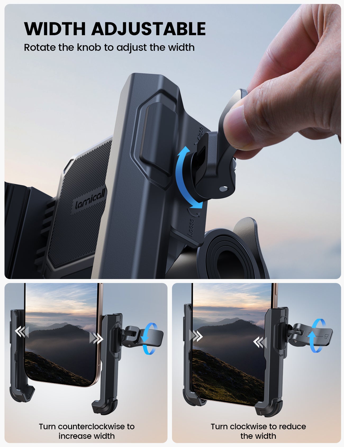 Lamicall Motorcycle Bike Phone Mount [No Block Camera] [1s Lock] Bike Holder Clamp Scooter Handlebar Clip, for iPhone 17 16 15 14 Pro Max, Galaxy S26 S25 S24 Ultra, 4.7-7.2" Phones