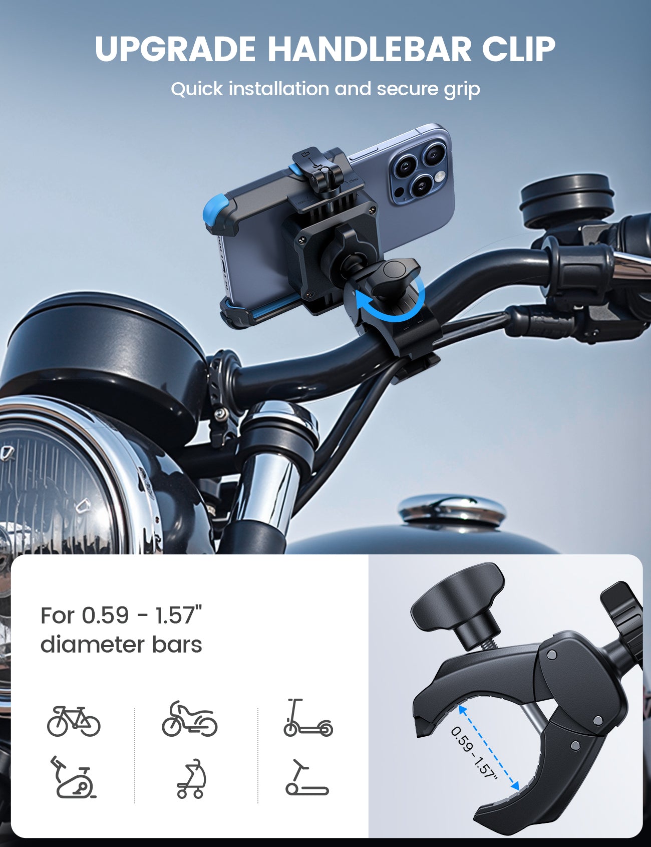 Lamicall Bike Phone Mount [1s Quick Release] Scooter Handlebar Clip, for iPhone 17 16 15 14 Pro Max, Galaxy S26 S25 S24 Ultra, 4.7-7.2" Phones