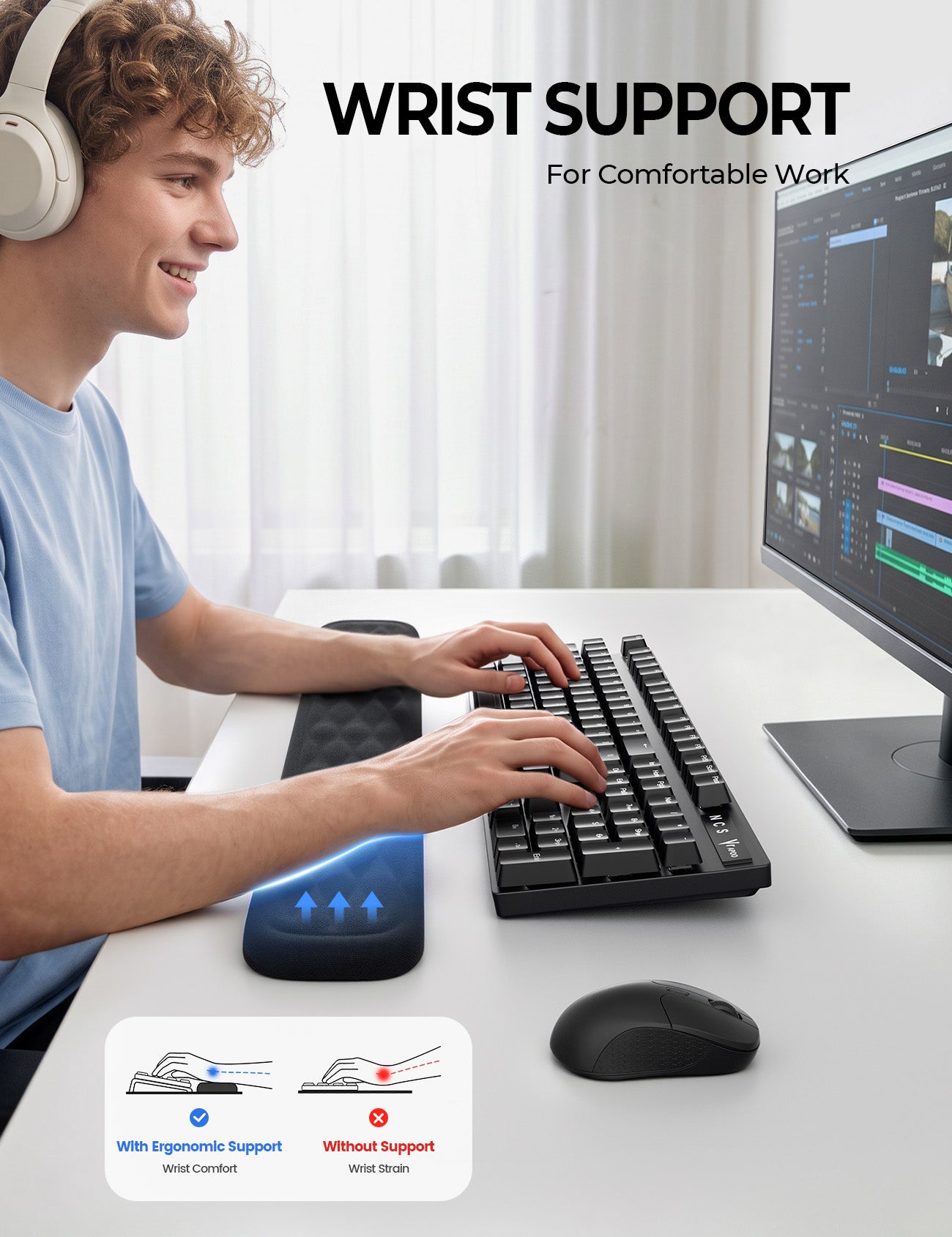Lamicall Keyboard & Mouse Wrist Rest Set with Soft Memory Foam & Silky Fabric