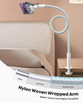 Gooseneck Phone Holder Bed - [Newest Nylon Braided] Flexible Arm, Overall Length 38inch, 360 Adjustable Clamp Clip 的副本