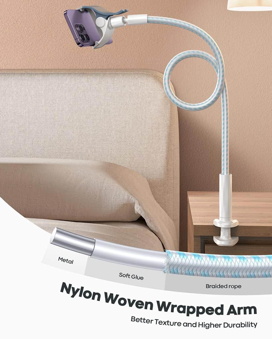 Gooseneck Phone Holder Bed - [Newest Nylon Braided] Flexible Arm, Overall Length 38inch, 360 Adjustable Clamp Clip 的副本