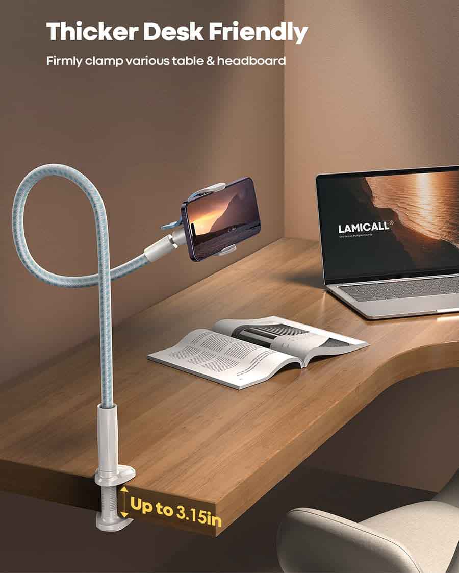 Gooseneck Phone Holder Bed - [Newest Nylon Braided] Flexible Arm, Overall Length 38inch, 360 Adjustable Clamp Clip 的副本