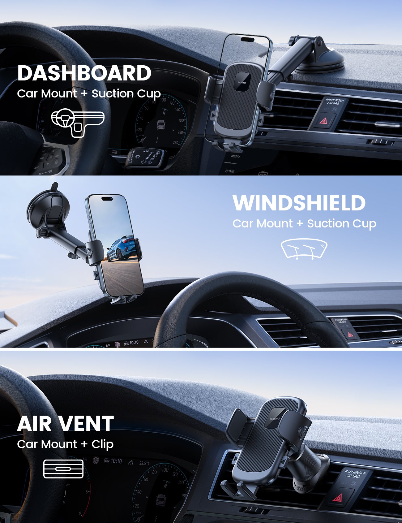 Lamicall 3-in-1 Pro Version Suction Cup 360° Rotation Car Phone Holders