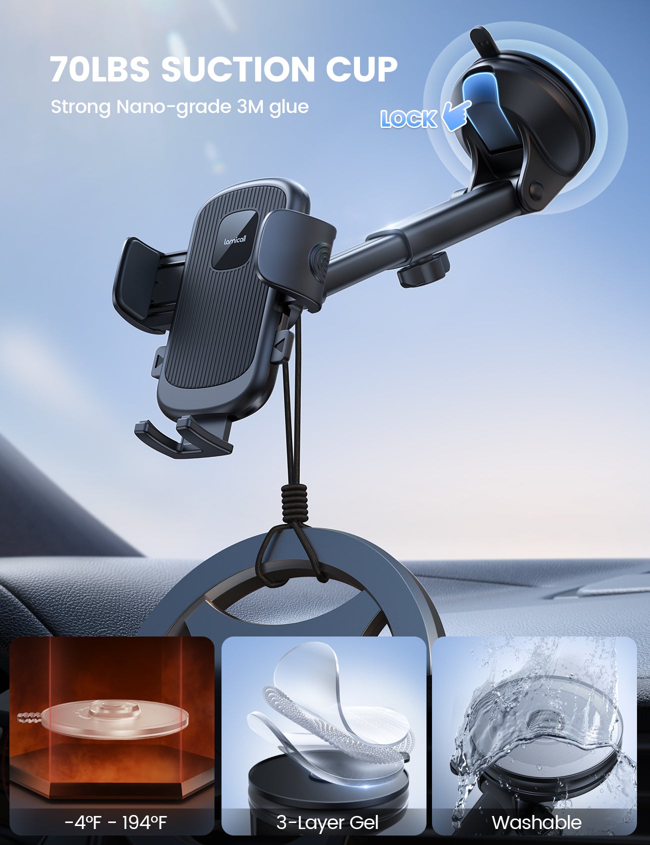 Lamicall 3-in-1 Pro Version Suction Cup 360° Rotation Car Phone Holders