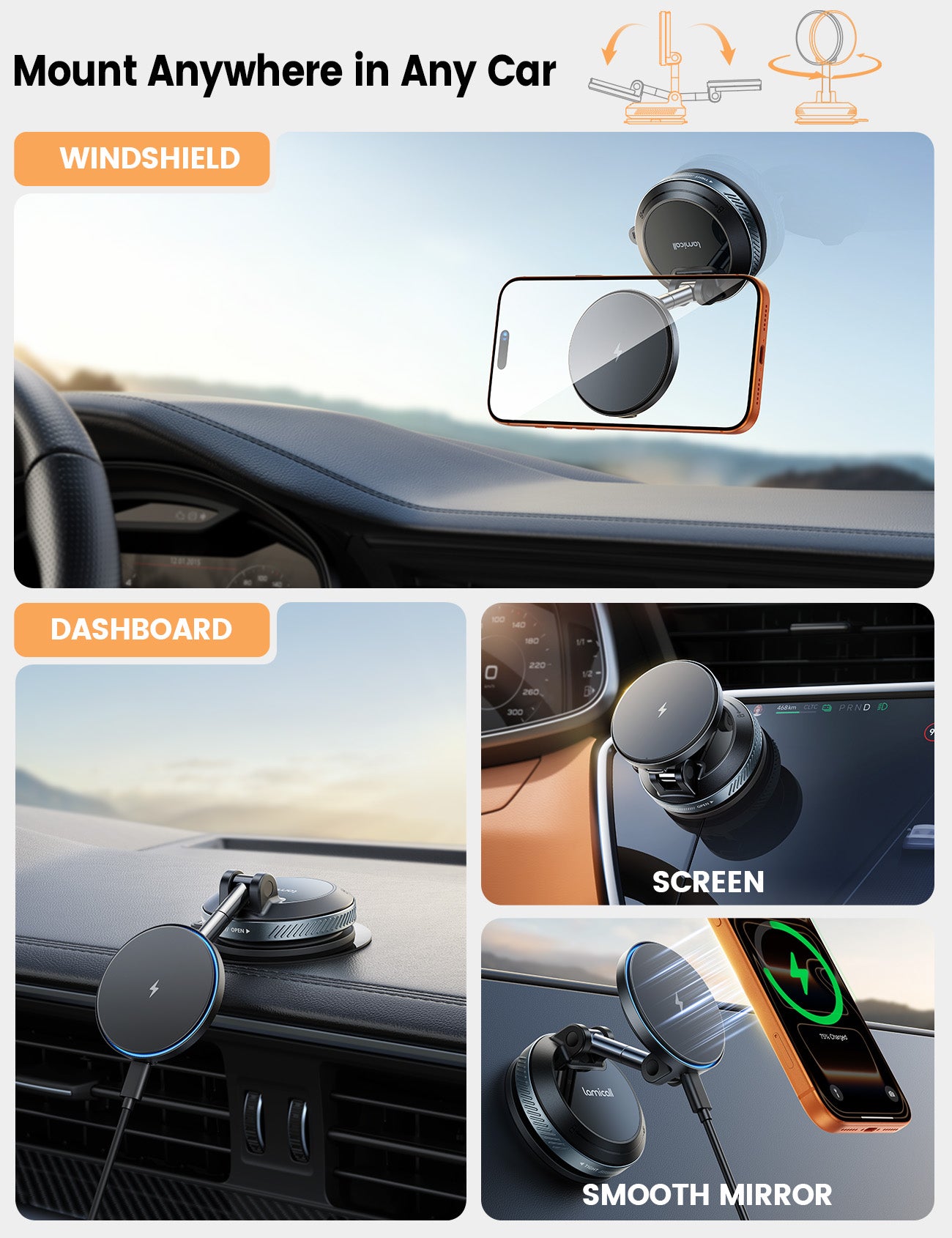 Lamicall 15W for MagSafe Car Mount Charger - 70 LBS Strongest Suction