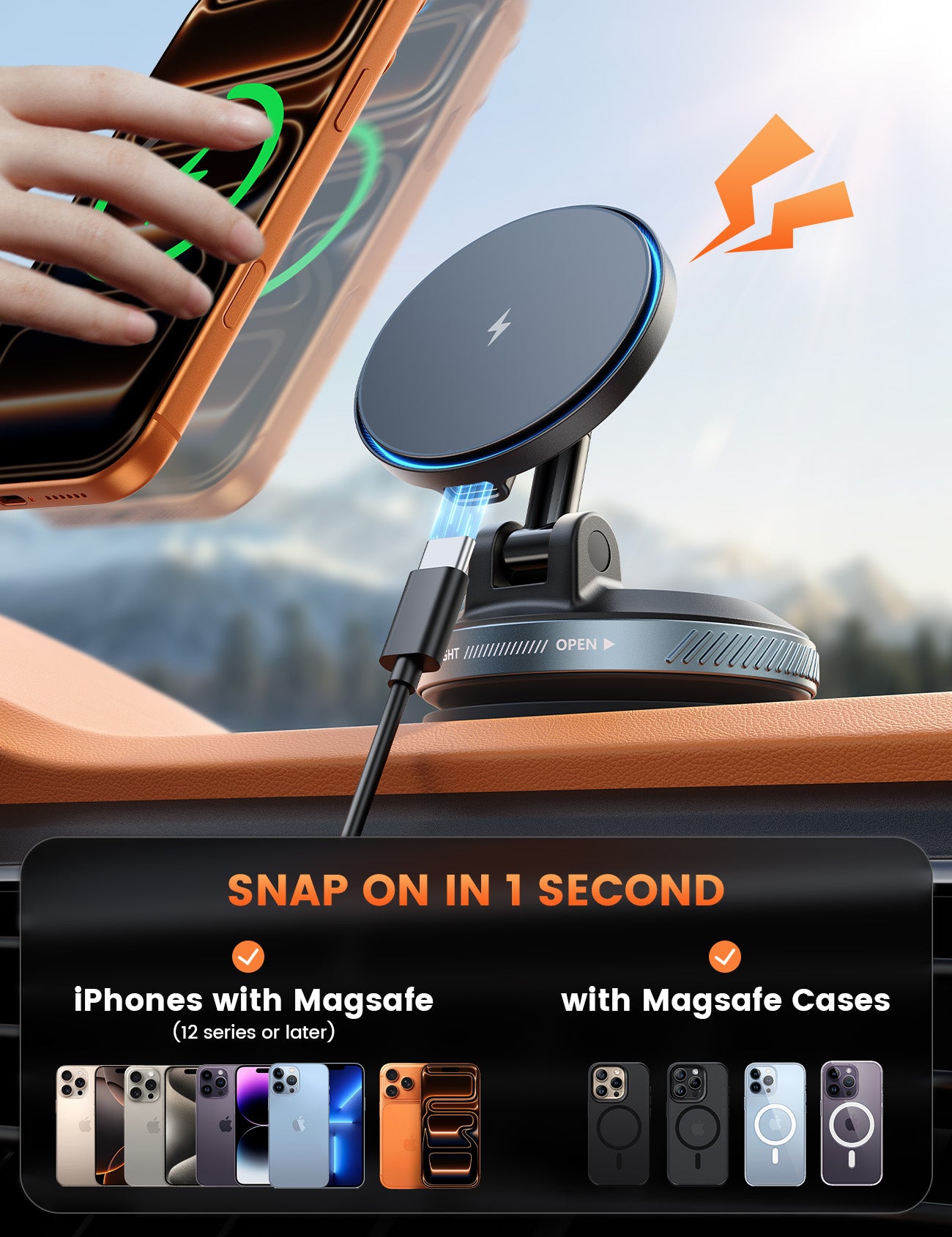 Lamicall 15W for MagSafe Car Mount Charger - 70 LBS Strongest Suction