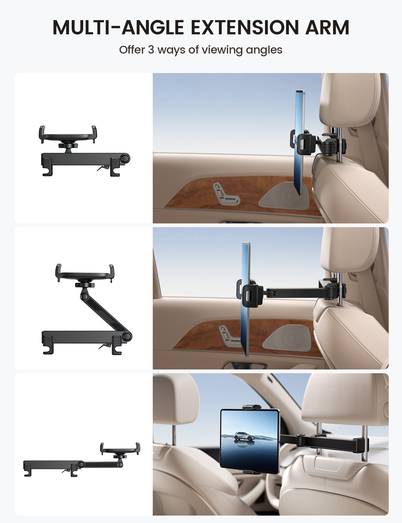 Lamicall Car Headrest Tablet Holder Lockable 3 in 1 Extension Arm