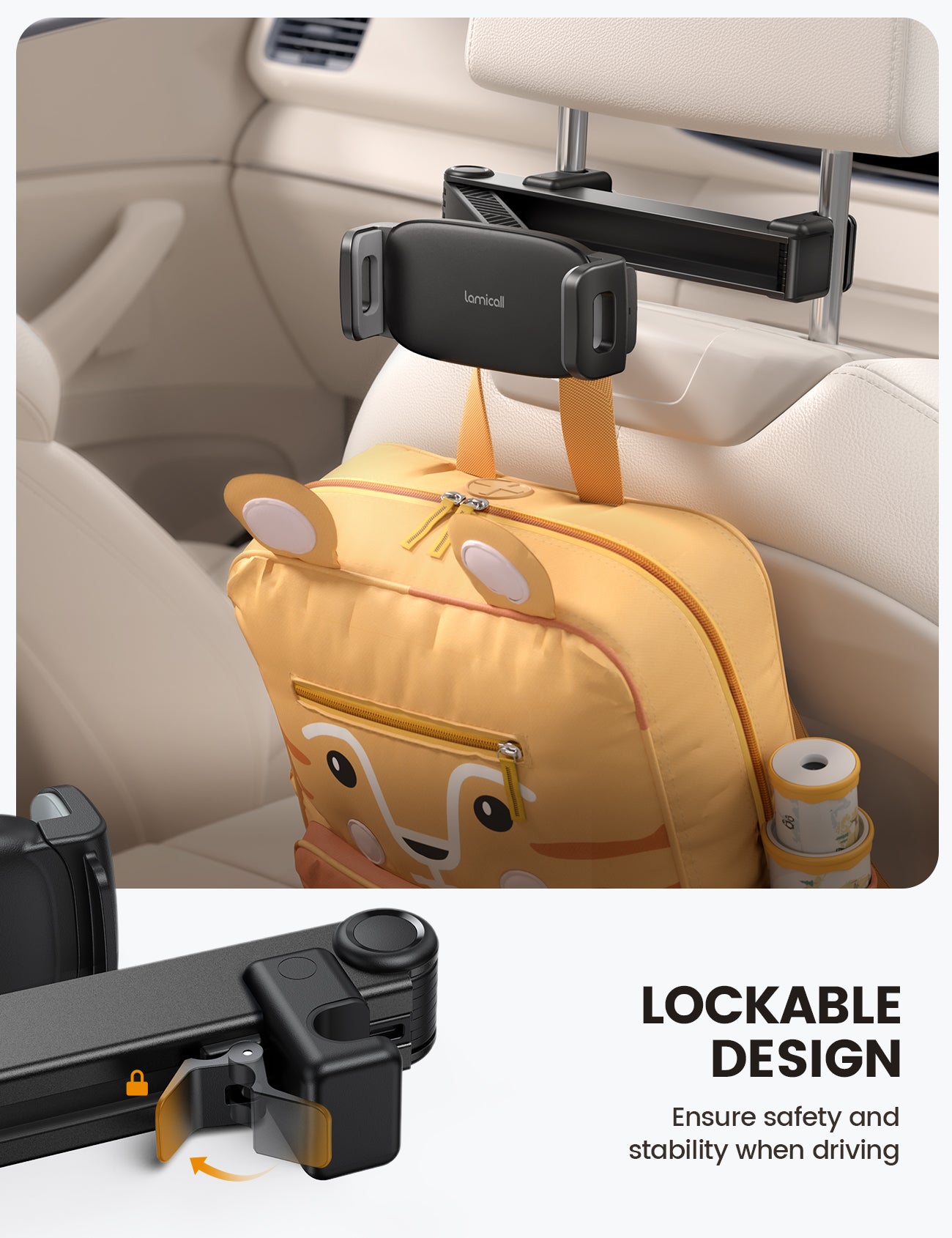 Lamicall Car Headrest Tablet Holder Lockable 3 in 1 Extension Arm