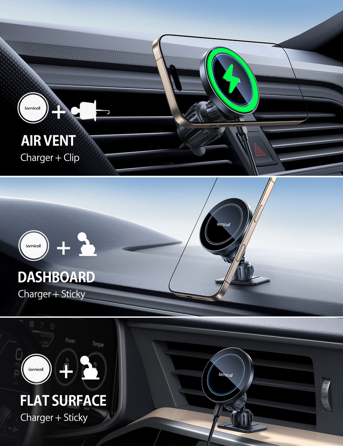 Lamicall 15W for MagSafe Car Mount Charger 20X Strong Magnets