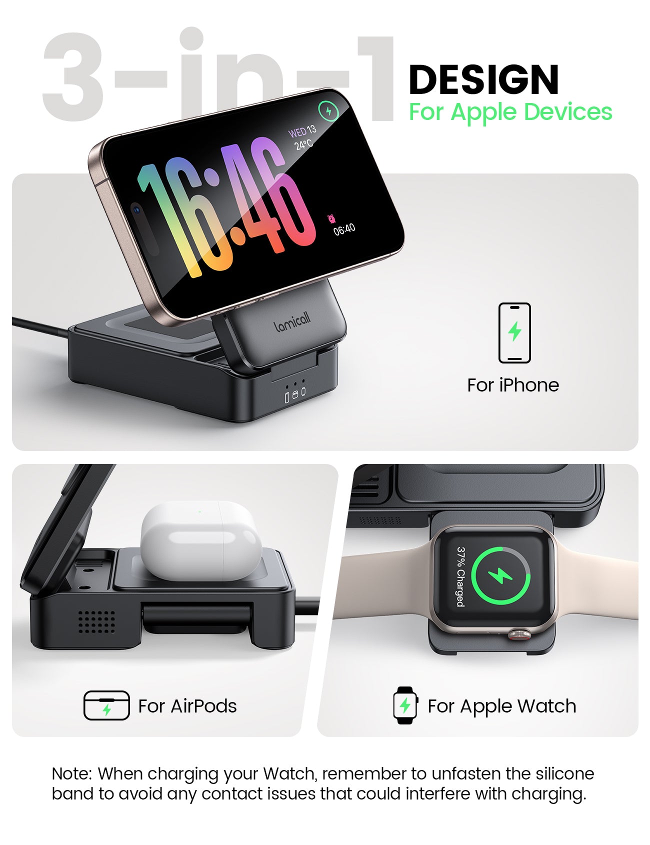 Lamicall Foldable 3 in 1 Wireless Charging Station for Apple MagSafe