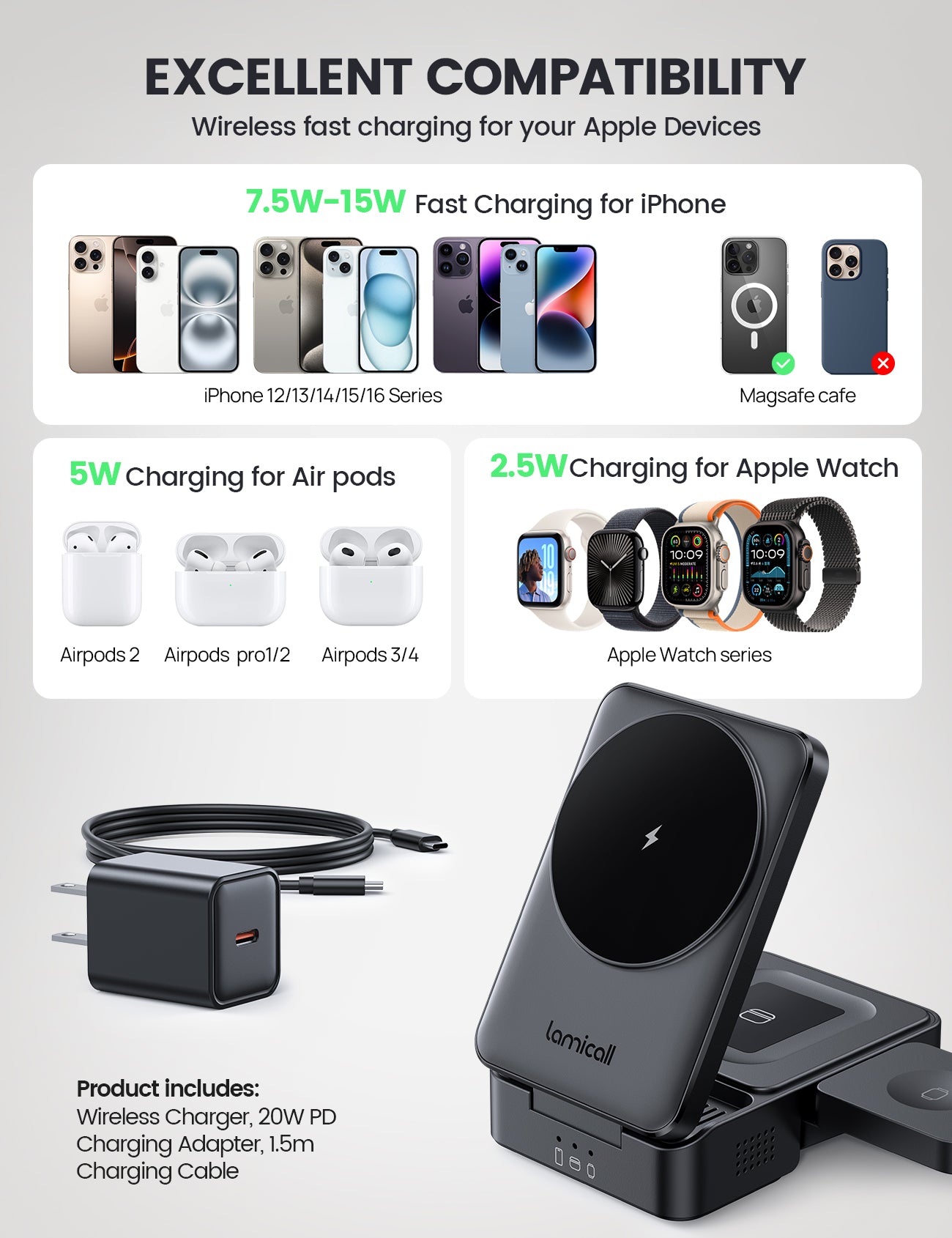Lamicall Foldable 3 in 1 Wireless Charging Station for Apple MagSafe