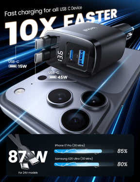 Lamicall 87W Retractable Car Charger USB C Fast Charge, Dual Type C Cables