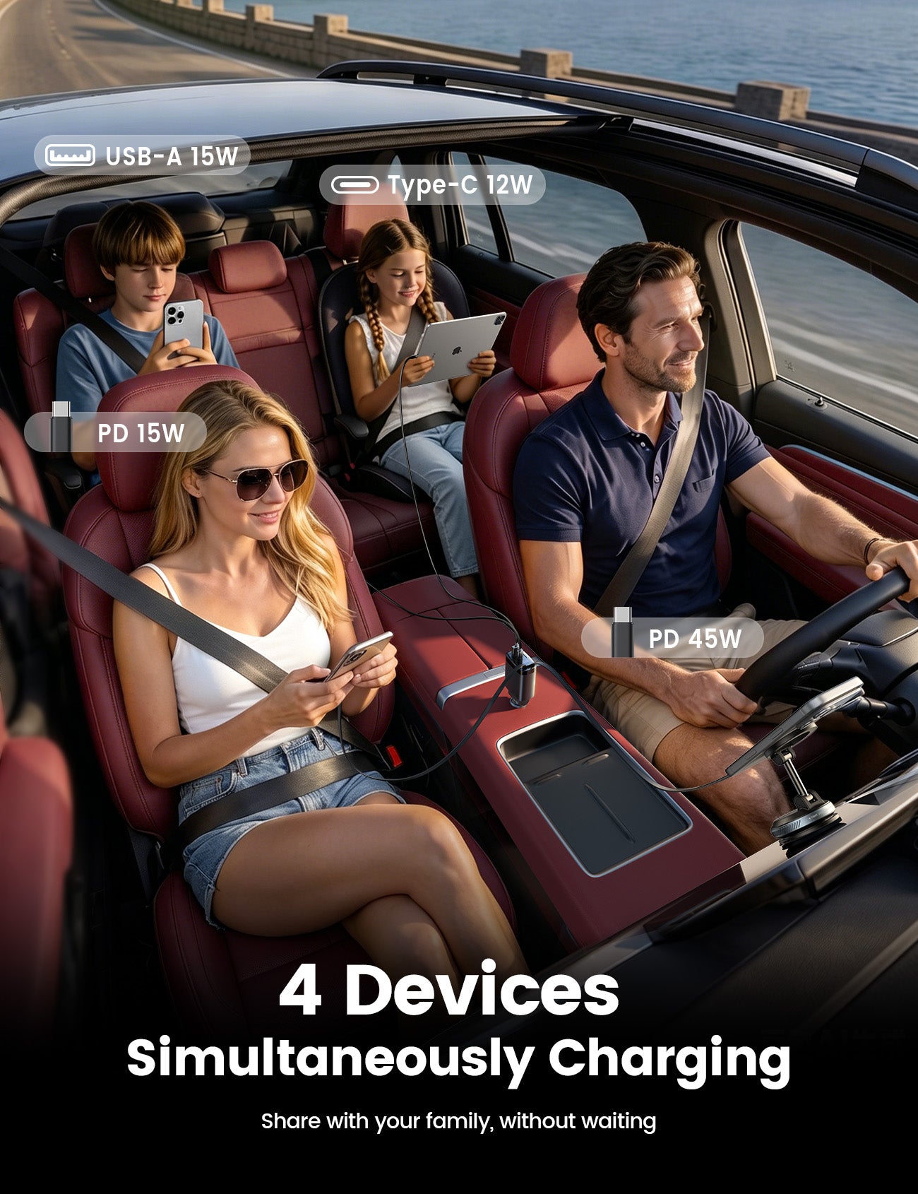 Lamicall 87W Retractable Car Charger USB C Fast Charge, Dual Type C Cables