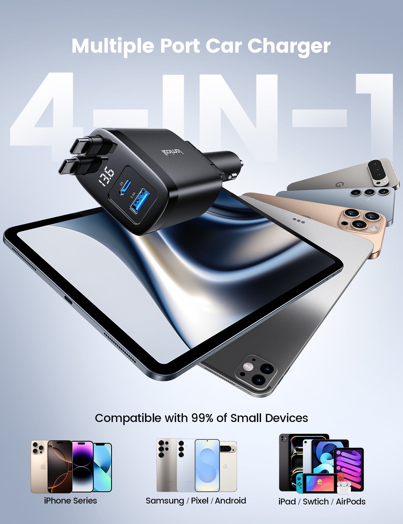 Lamicall 87W Retractable Car Charger USB C Fast Charge, Dual Type C Cables