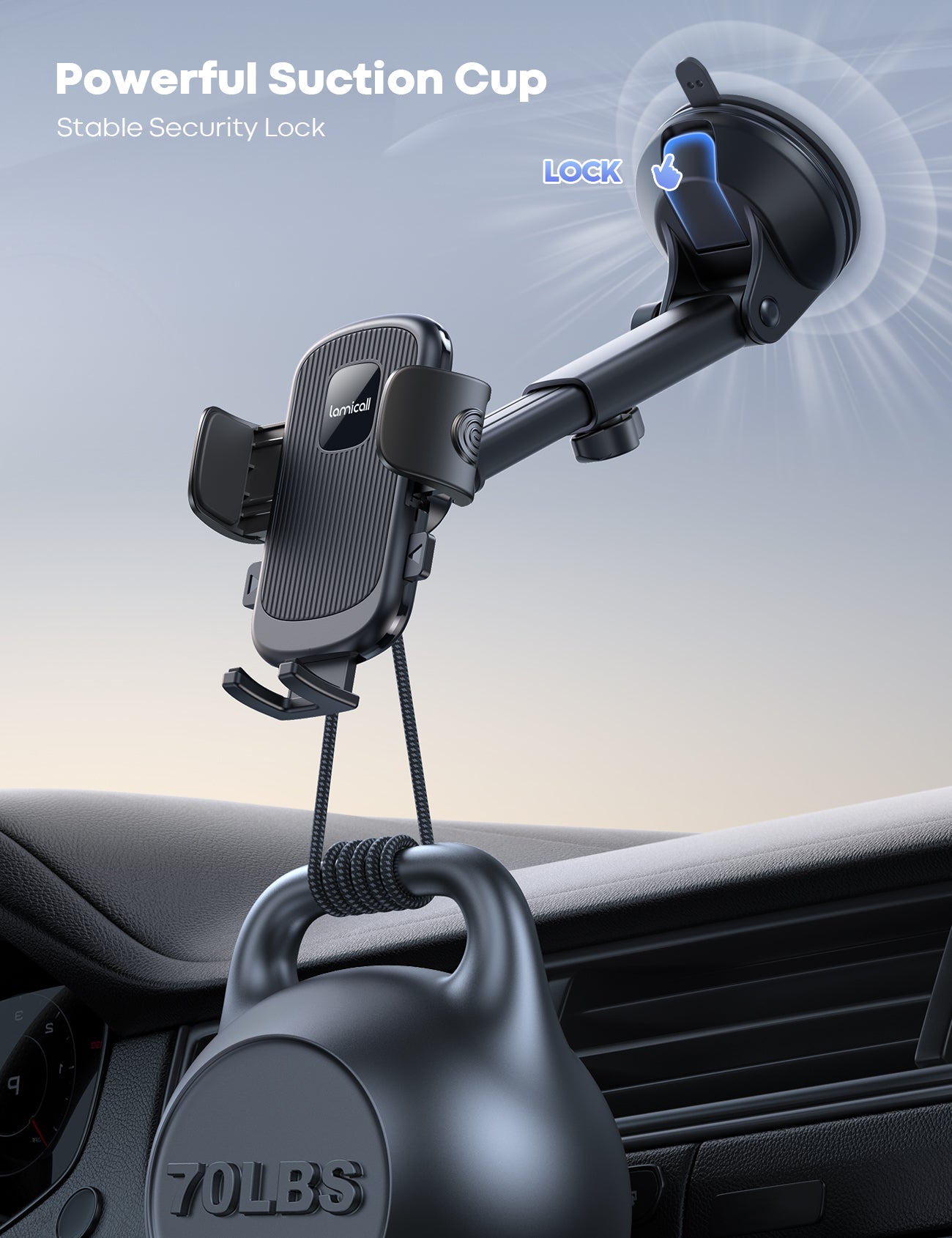 Lamicall Car Phone Holder - [Strongest Military-Grade Suction Cup] 360° Rotation Quick Release Adjustable Car Phone Mount Dashboard for iPhone 16 Galaxy Smartphone Truck