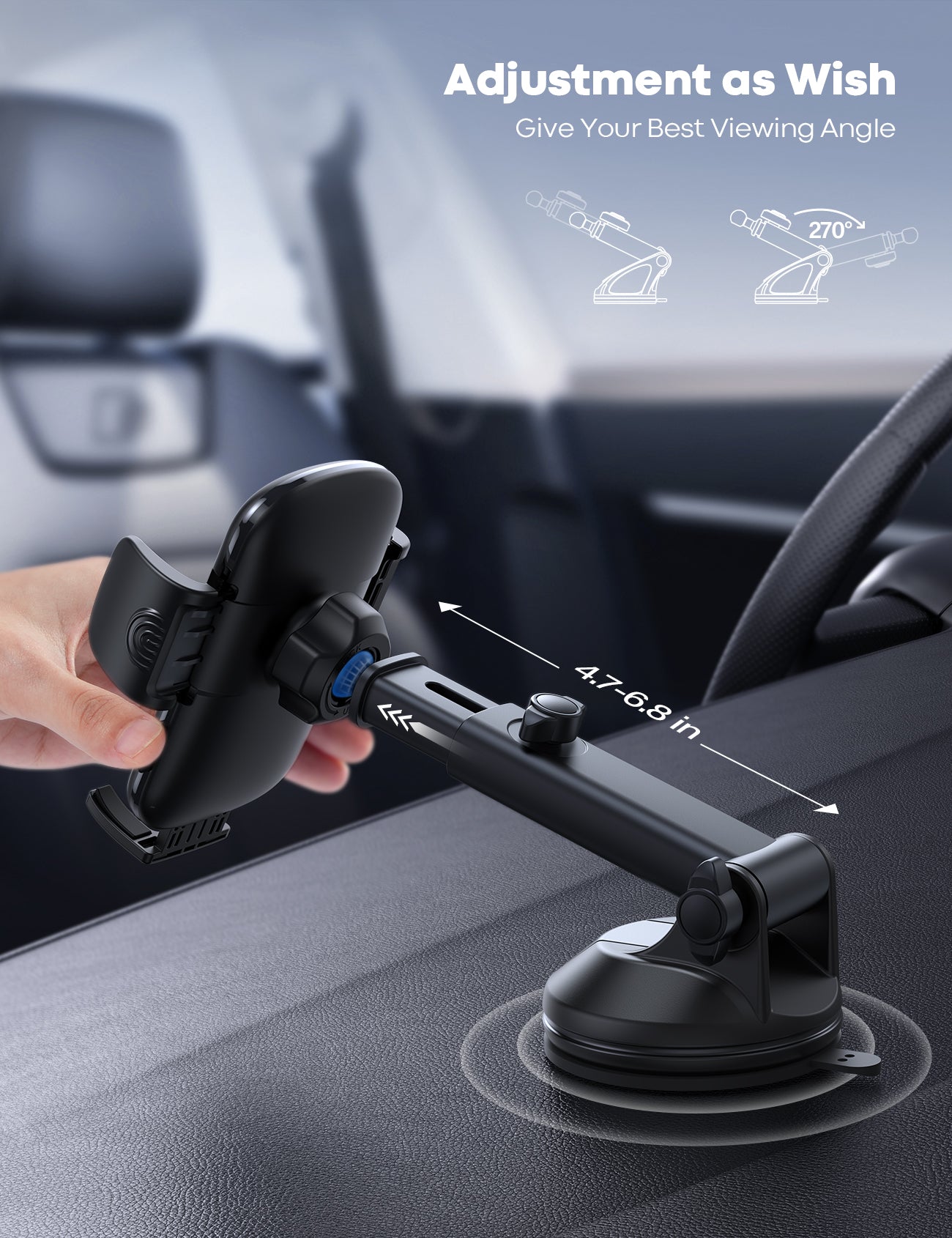 Lamicall Car Phone Holder - [Strongest Military-Grade Suction Cup] 360° Rotation Quick Release Adjustable Car Phone Mount Dashboard for iPhone 16 Galaxy Smartphone Truck