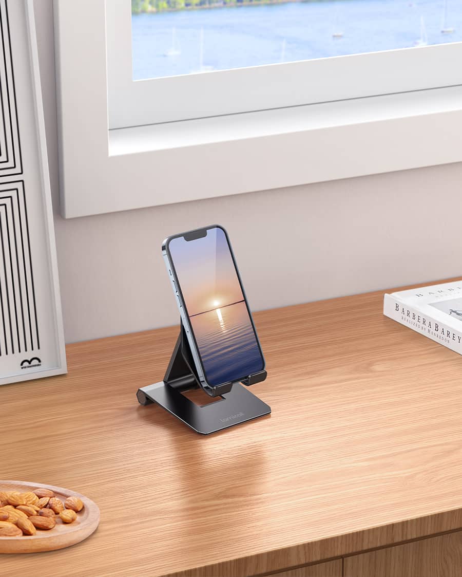 Nulaxy Dual Folding Cell Phone Stand, Fully Adjustable Foldable Desktop  Phone Holder Cradle Dock Compatible with Phone 15 14 13 12 11 Pro Xs Xs Max  Xr