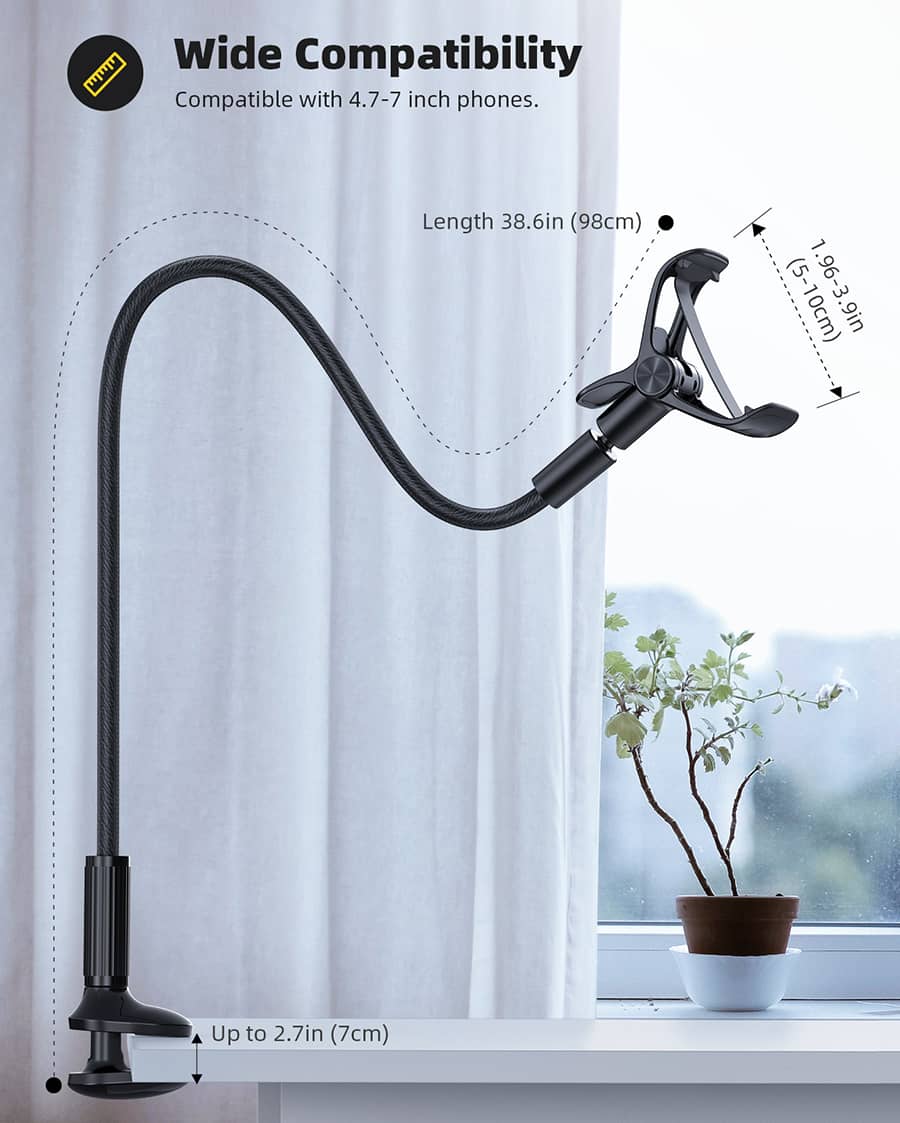 Lamicall Gooseneck Phone Holder for Bed - Overall Length 38.6in, Flexible Leather Wrapped Arm, 360 Adjustable Clamp Clip